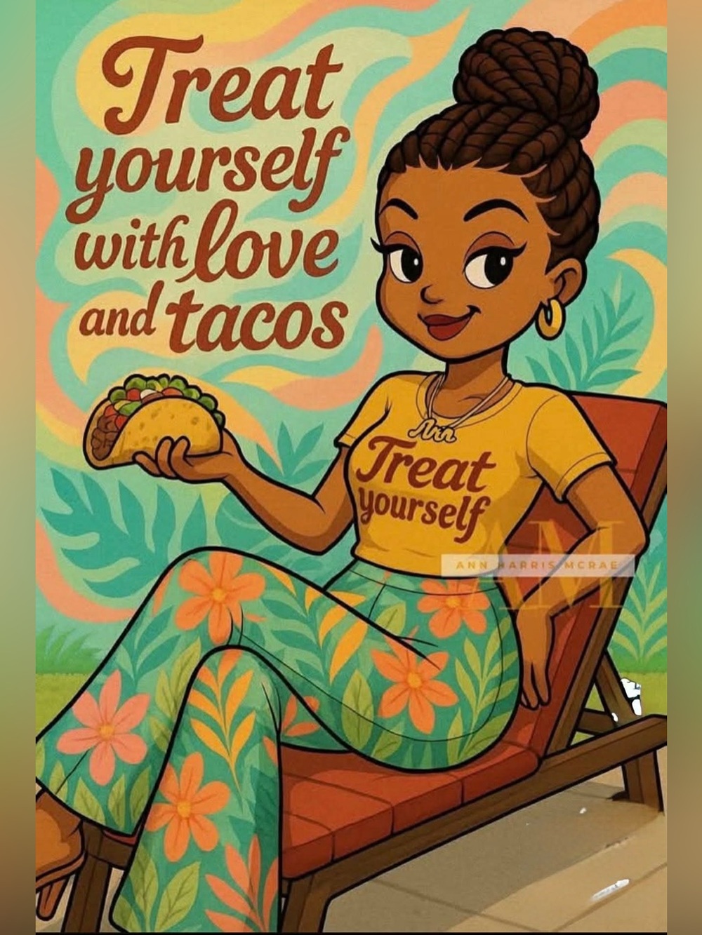 Treat Yourself Graphic Tee and Floral Pants Illustration - Yellow & Teal
